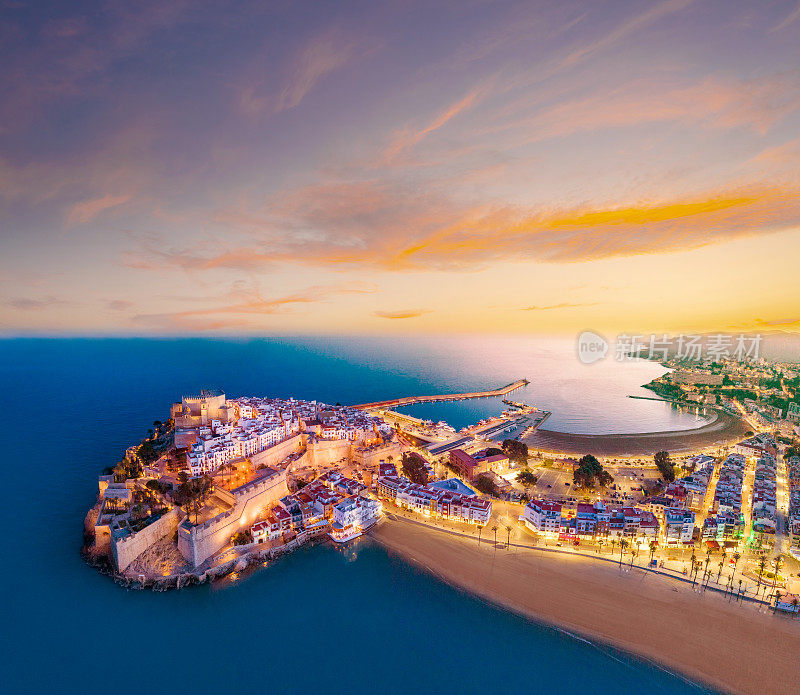 Peniscola Peñiscola aerial at sunset in Castellon on Mediterranean sea Spain